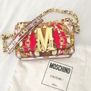 MOSCHINO Pink Mini M Bag w/ Teddy Bear Scarf Print Gold Metal Chain Leather